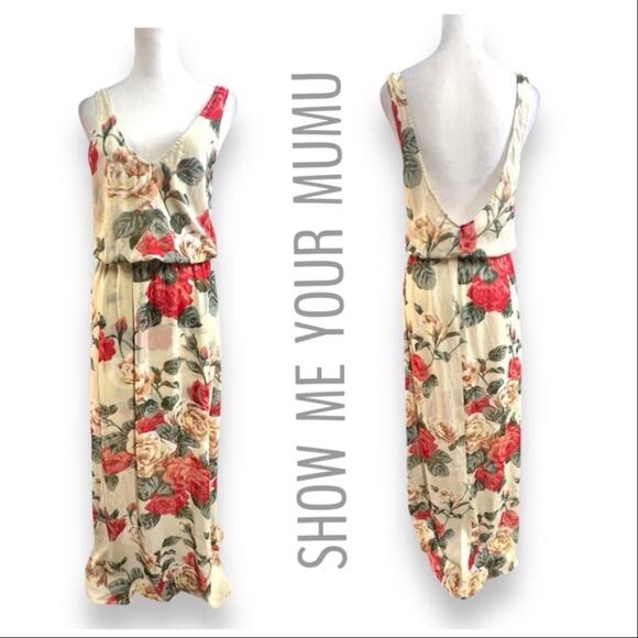 SHOW ME YOUR MUMU Ivory sheer Rose Floral Plunge Neckline & Back MAXIDRESS SZ M - Picture 2 of 16